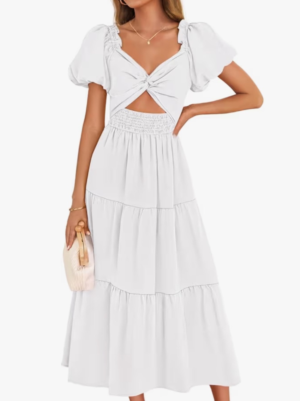 White Puff Sleeve Smocked Cutout Maxi Dress